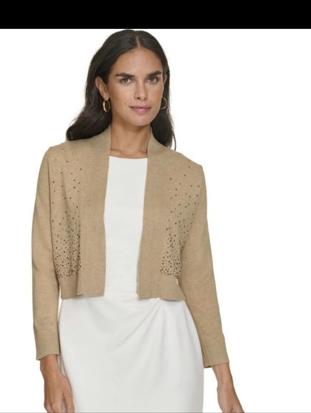 NWT Calvin Klein Embellished Open Front Cardigan Sweater Beige Large Rhinestone